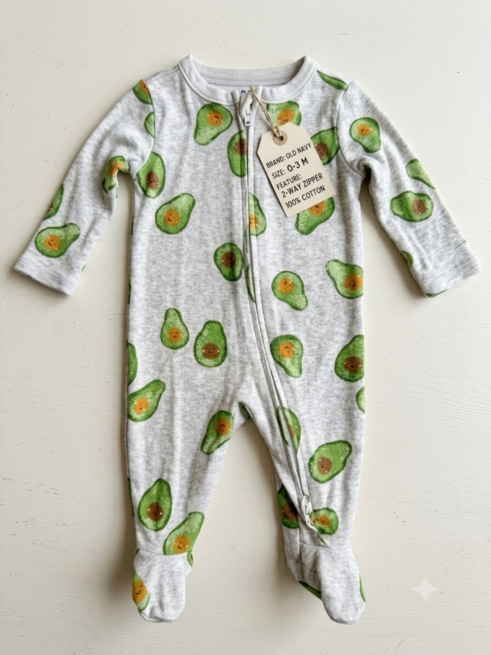 100% Cotton Old Navy Gray One-Piece Footie with Green Avocado Print